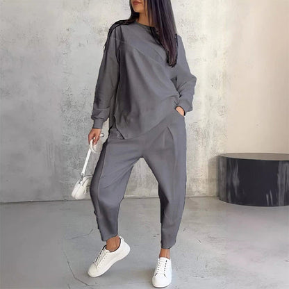🌸✨Conjunto Feminino: Sweatshirt de Manga Longa com Barra Irregular e Calças