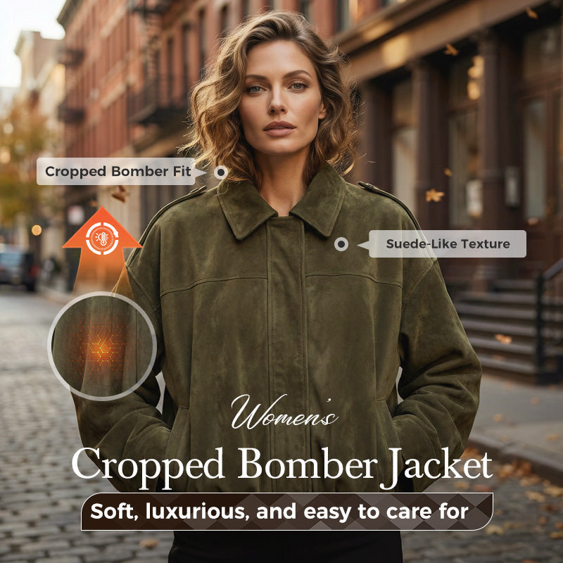 🧥 ✨ Casaco bomber curto para mulher com efeito camurça – Tecido macio, silhueta moderna e estilo versátil 👜