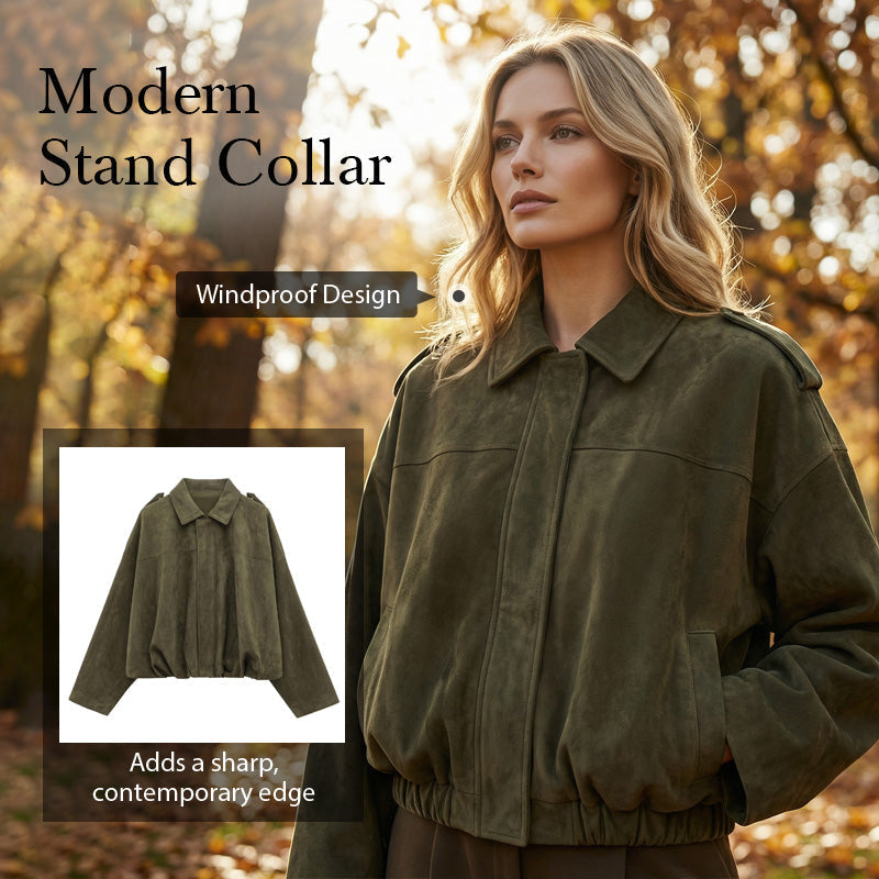 🧥 ✨ Casaco bomber curto para mulher com efeito camurça – Tecido macio, silhueta moderna e estilo versátil 👜