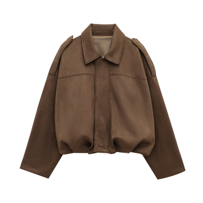 🧥 ✨ Casaco bomber curto para mulher com efeito camurça – Tecido macio, silhueta moderna e estilo versátil 👜