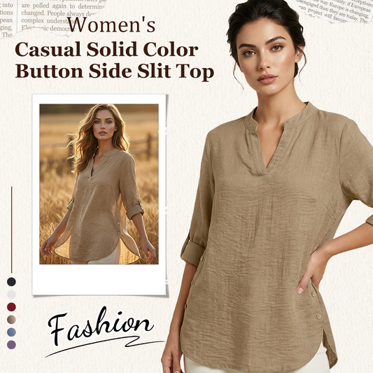✨👚Top casual de cor lisa, com botões e fenda lateral