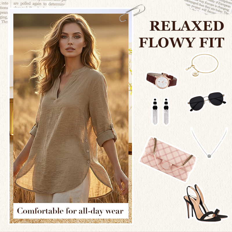 ✨👚Top casual de cor lisa, com botões e fenda lateral