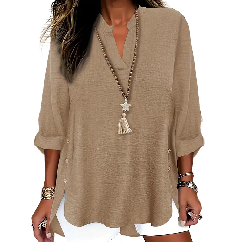 ✨👚Top casual de cor lisa, com botões e fenda lateral