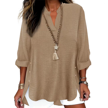 ✨👚Top casual de cor lisa, com botões e fenda lateral