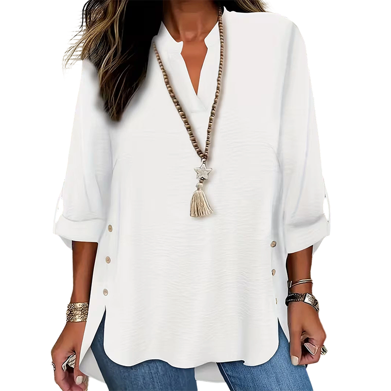 ✨👚Top casual de cor lisa, com botões e fenda lateral