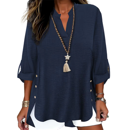 ✨👚Top casual de cor lisa, com botões e fenda lateral