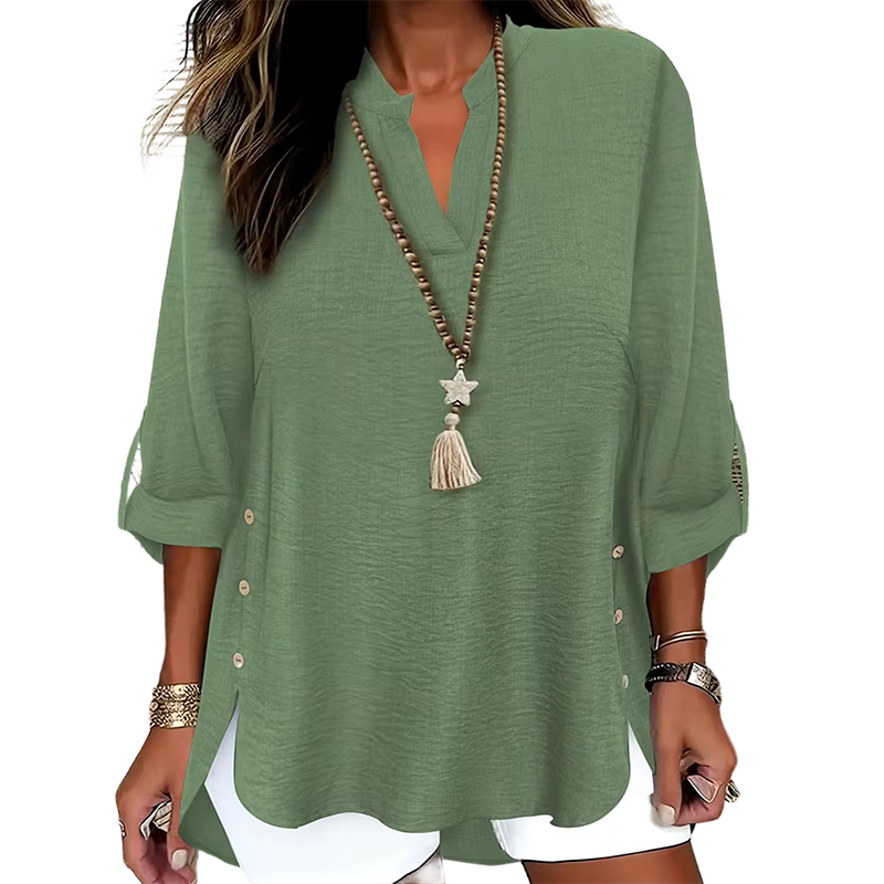 ✨👚Top casual de cor lisa, com botões e fenda lateral