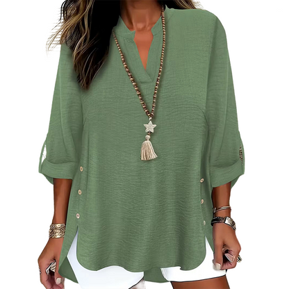 ✨👚Top casual de cor lisa, com botões e fenda lateral
