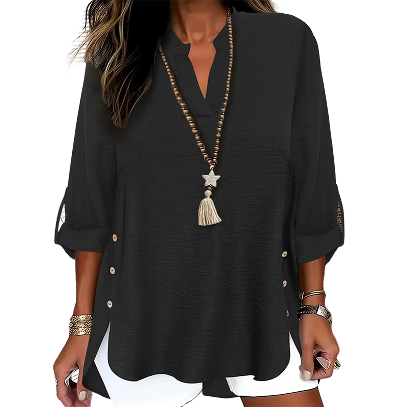 ✨👚Top casual de cor lisa, com botões e fenda lateral