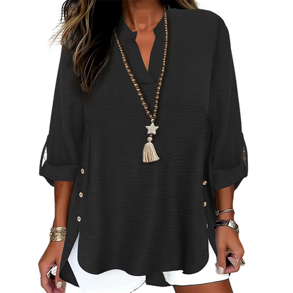 ✨👚Top casual de cor lisa, com botões e fenda lateral