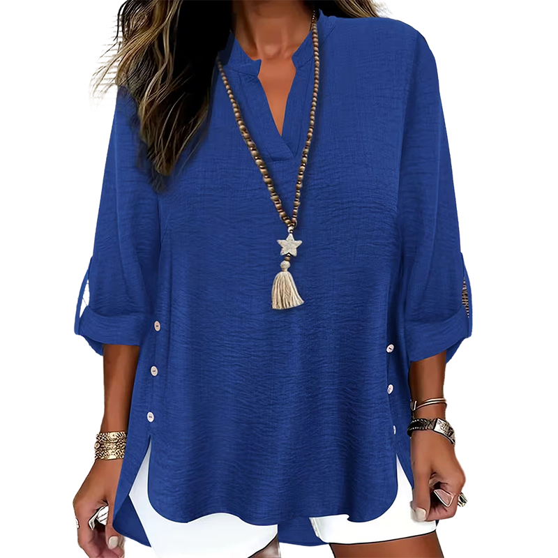 ✨👚Top casual de cor lisa, com botões e fenda lateral