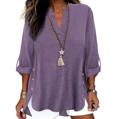 ✨👚Top casual de cor lisa, com botões e fenda lateral