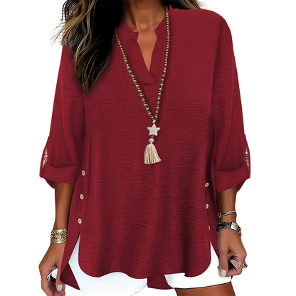 ✨👚Top casual de cor lisa, com botões e fenda lateral