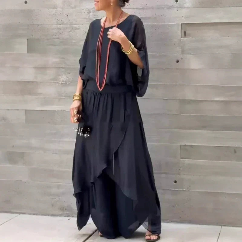 💋💃 Conjunto de duas peças em chiffon: top largo e calças largas com fenda
