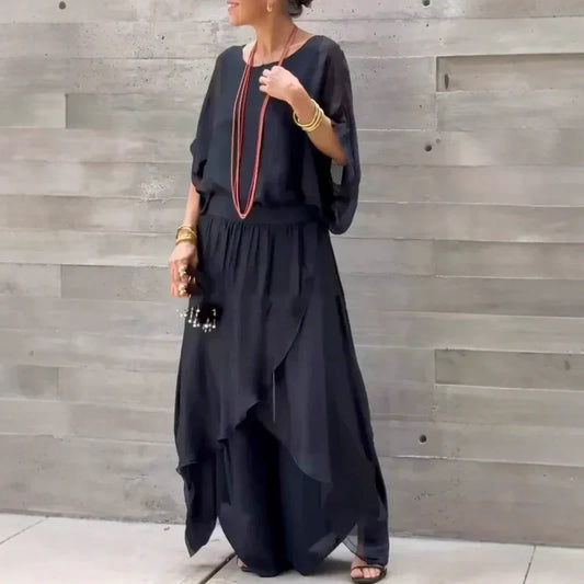 💋💃 Conjunto de duas peças em chiffon: top largo e calças largas com fenda