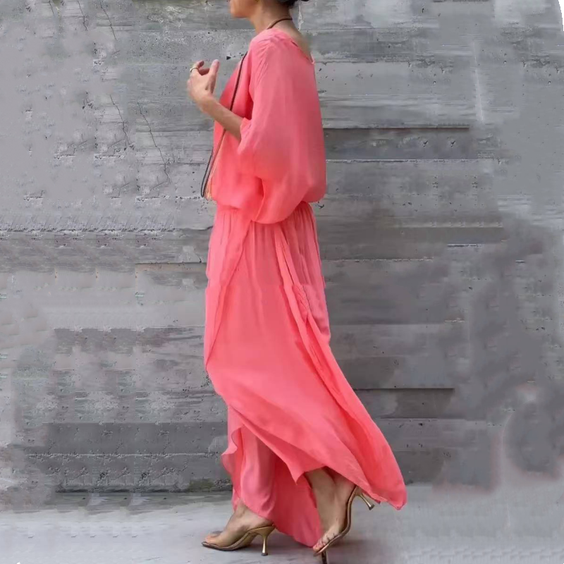 💋💃 Conjunto de duas peças em chiffon: top largo e calças largas com fenda