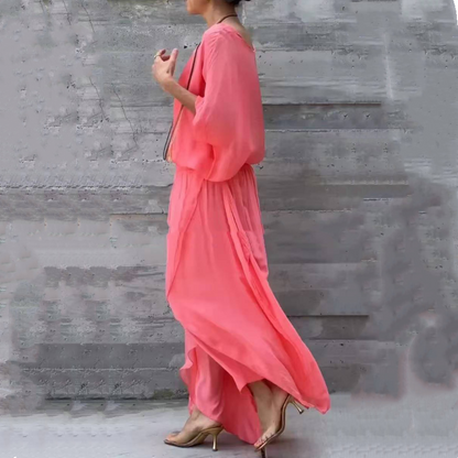 💋💃 Conjunto de duas peças em chiffon: top largo e calças largas com fenda
