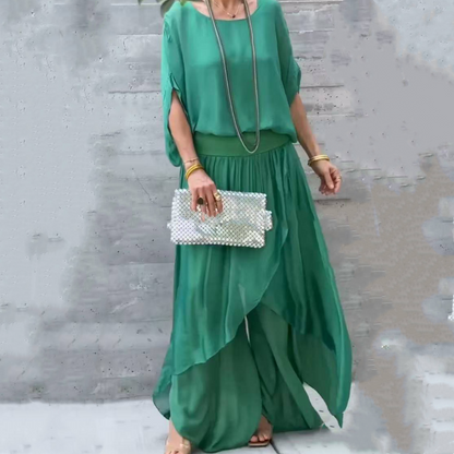 💋💃 Conjunto de duas peças em chiffon: top largo e calças largas com fenda