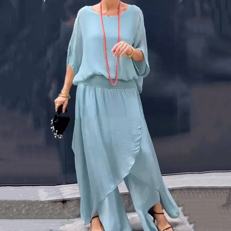 💋💃 Conjunto de duas peças em chiffon: top largo e calças largas com fenda