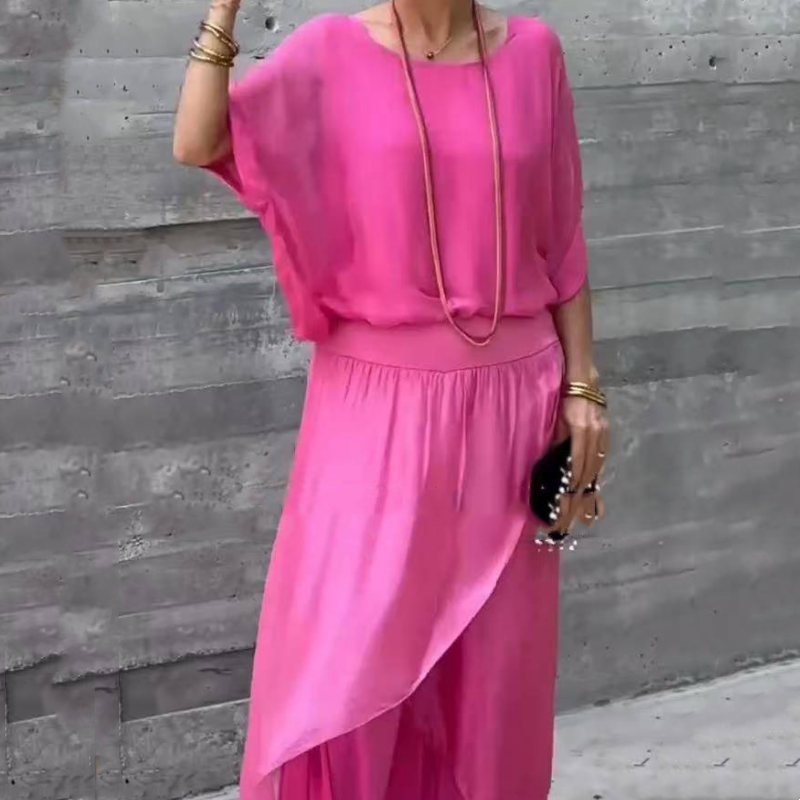 💋💃 Conjunto de duas peças em chiffon: top largo e calças largas com fenda
