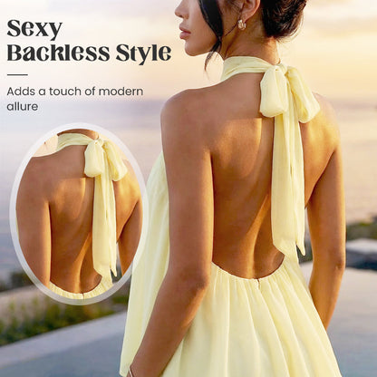 👗 LIMITED TIME 50% OFF! 🌸 Women's Flowy Halter Drop-Waist Mini Dress – Elegant Backless & Tiered Layered Fabric ✨