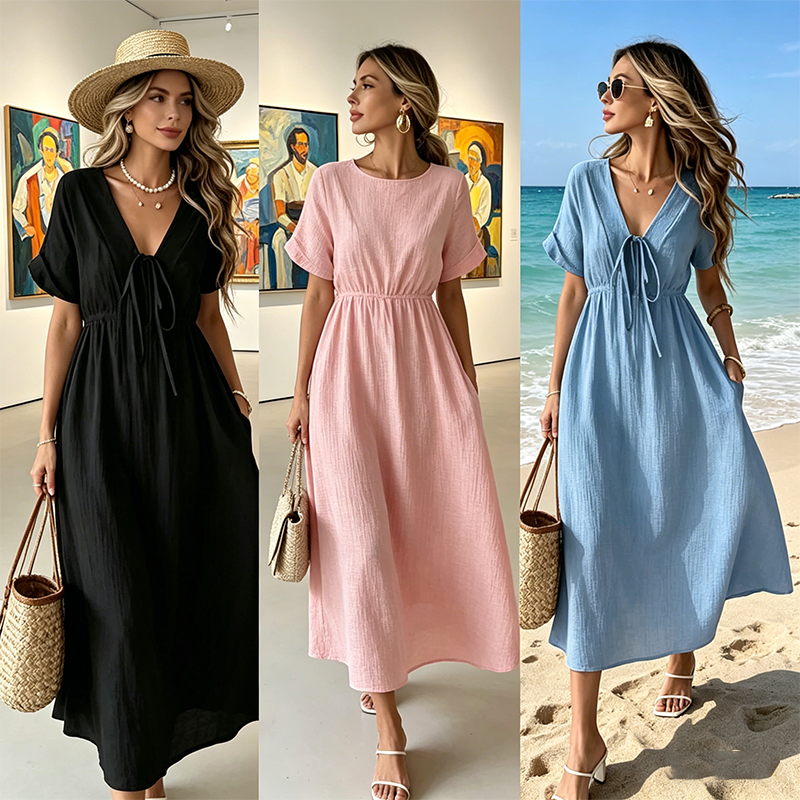 ✨👗 Vestido midi de verão para mulher com decote em V e laço à frente – cintura império, corte em A esvoaçante e mistura de algodão respirável ☀️