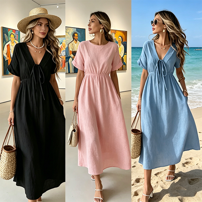 ✨👗 Vestido midi de verão para mulher com decote em V e laço à frente – cintura império, corte em A esvoaçante e mistura de algodão respirável ☀️