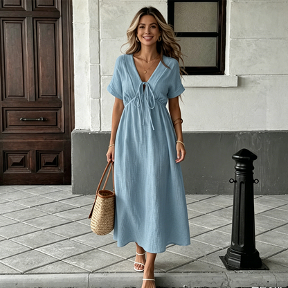 ✨👗 Vestido midi de verão para mulher com decote em V e laço à frente – cintura império, corte em A esvoaçante e mistura de algodão respirável ☀️