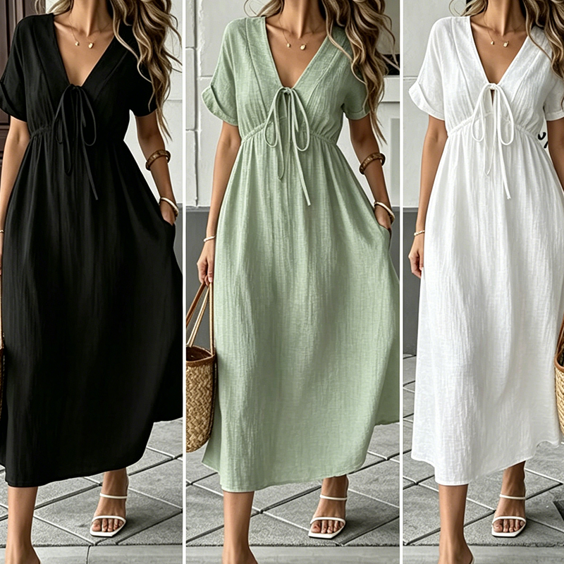 ✨👗 Vestido midi de verão para mulher com decote em V e laço à frente – cintura império, corte em A esvoaçante e mistura de algodão respirável ☀️