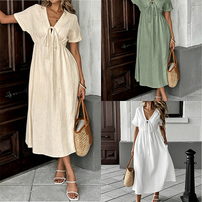 ✨👗 Vestido midi de verão para mulher com decote em V e laço à frente – cintura império, corte em A esvoaçante e mistura de algodão respirável ☀️