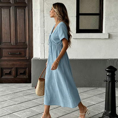 ✨👗 Vestido midi de verão para mulher com decote em V e laço à frente – cintura império, corte em A esvoaçante e mistura de algodão respirável ☀️