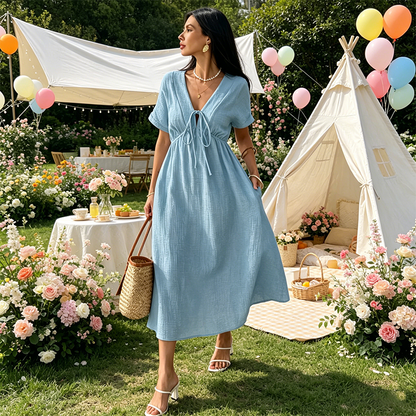 ✨👗 Vestido midi de verão para mulher com decote em V e laço à frente – cintura império, corte em A esvoaçante e mistura de algodão respirável ☀️