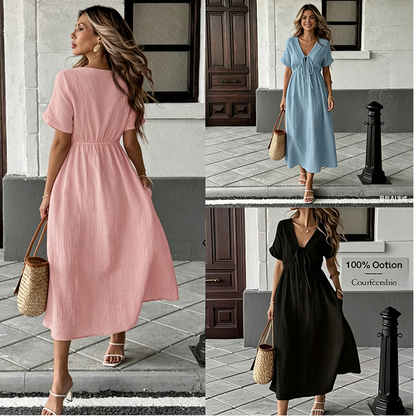 ✨👗 Vestido midi de verão para mulher com decote em V e laço à frente – cintura império, corte em A esvoaçante e mistura de algodão respirável ☀️