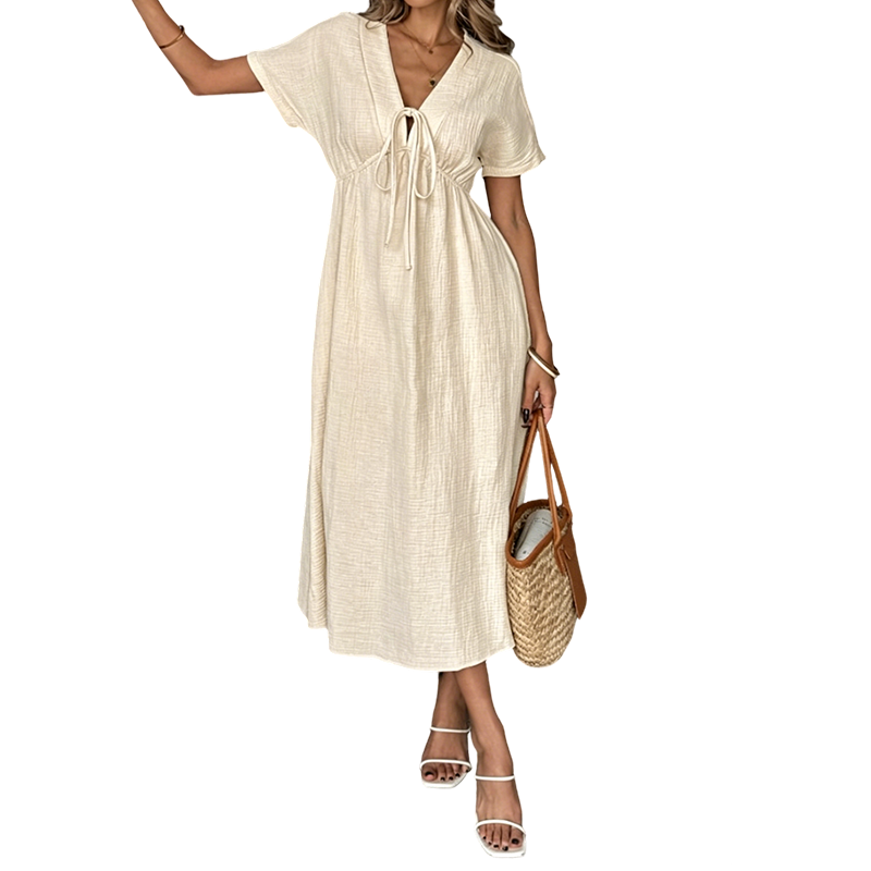 ✨👗 Vestido midi de verão para mulher com decote em V e laço à frente – cintura império, corte em A esvoaçante e mistura de algodão respirável ☀️