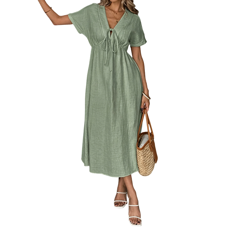 ✨👗 Vestido midi de verão para mulher com decote em V e laço à frente – cintura império, corte em A esvoaçante e mistura de algodão respirável ☀️