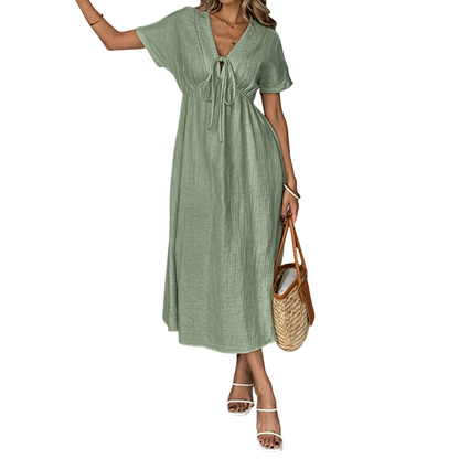 ✨👗 Vestido midi de verão para mulher com decote em V e laço à frente – cintura império, corte em A esvoaçante e mistura de algodão respirável ☀️
