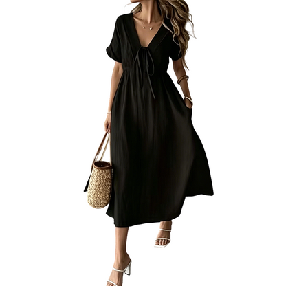 ✨👗 Vestido midi de verão para mulher com decote em V e laço à frente – cintura império, corte em A esvoaçante e mistura de algodão respirável ☀️