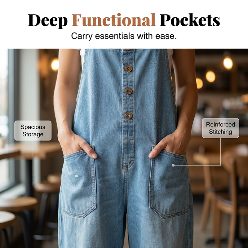 ✨👗 Macacão de ganga largo com alças ajustáveis – Corte descontraído e bolsos fundos para um conforto diário