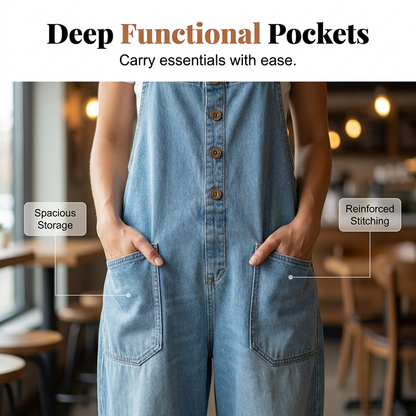 ✨👗 Macacão de ganga largo com alças ajustáveis – Corte descontraído e bolsos fundos para um conforto diário