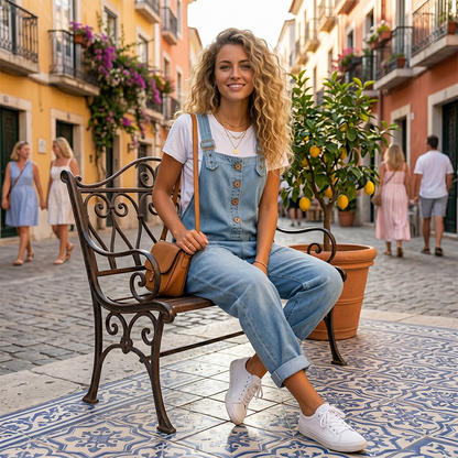 ✨👗 Macacão de ganga largo com alças ajustáveis – Corte descontraído e bolsos fundos para um conforto diário