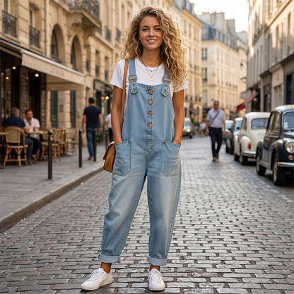 ✨👗 Macacão de ganga largo com alças ajustáveis – Corte descontraído e bolsos fundos para um conforto diário