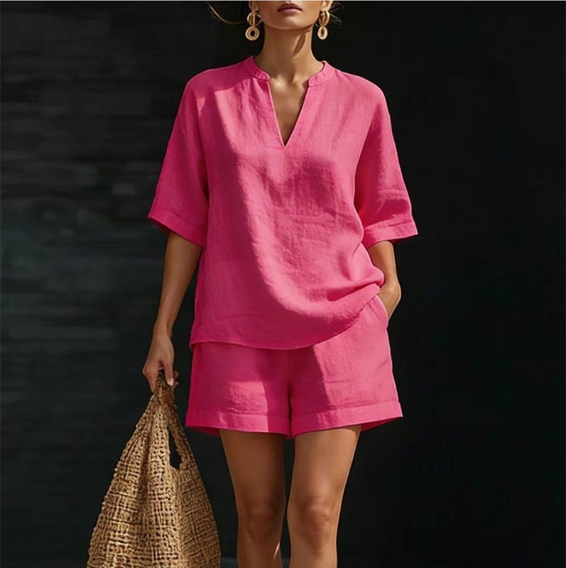 👚 50% DE DESCONTO – Conjunto Curto Casual com Decote V Feminino | Confortável, moderno & ideal para o verão