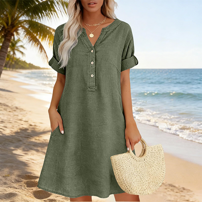 ✨👗Vestido túnica feminino com decote em V – Corte descontraído, bolsos e tecido respirável