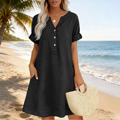✨👗Vestido túnica feminino com decote em V – Corte descontraído, bolsos e tecido respirável
