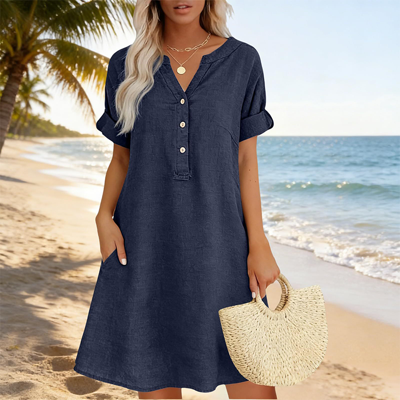 ✨👗Vestido túnica feminino com decote em V – Corte descontraído, bolsos e tecido respirável