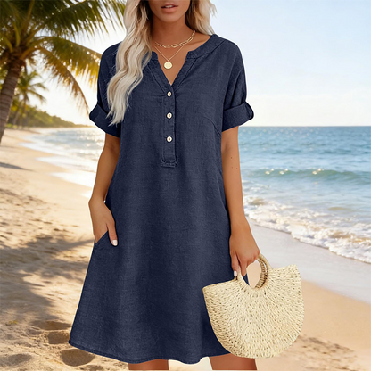 ✨👗Vestido túnica feminino com decote em V – Corte descontraído, bolsos e tecido respirável