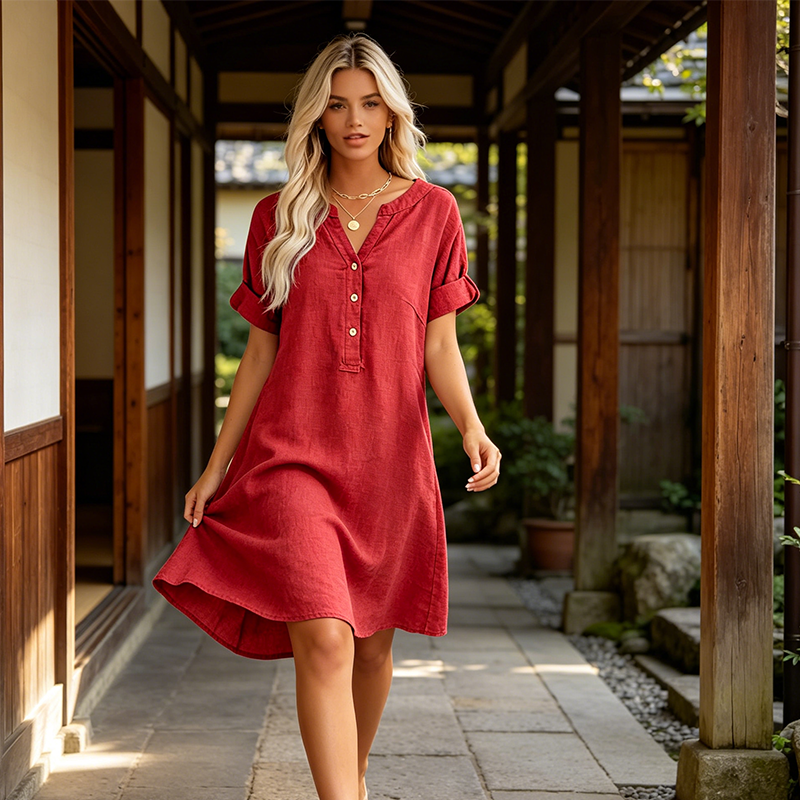 ✨👗Vestido túnica feminino com decote em V – Corte descontraído, bolsos e tecido respirável