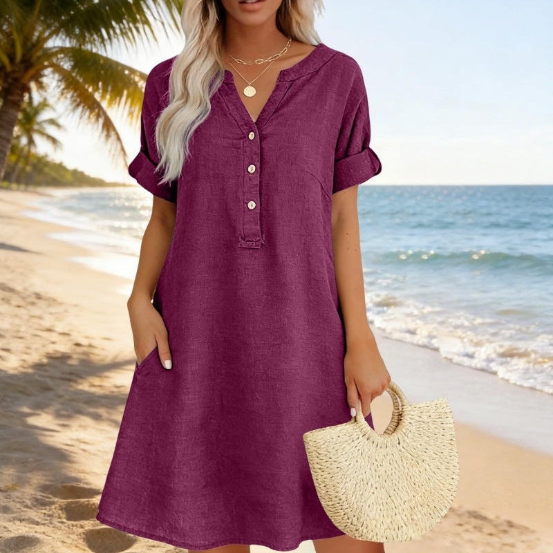 ✨👗Vestido túnica feminino com decote em V – Corte descontraído, bolsos e tecido respirável