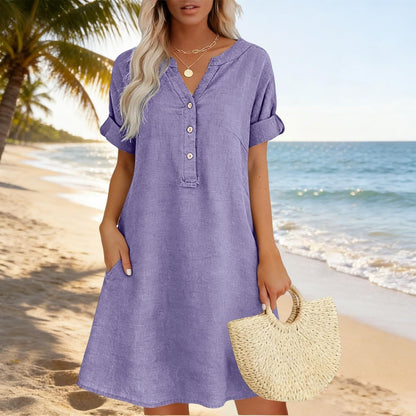 ✨👗Vestido túnica feminino com decote em V – Corte descontraído, bolsos e tecido respirável