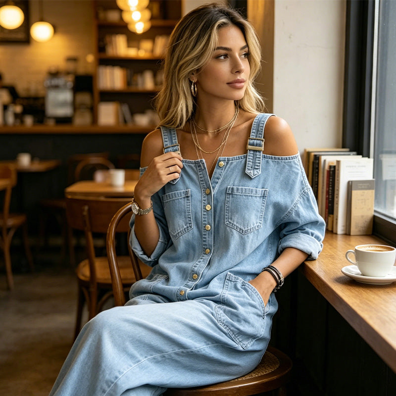 👗✨ Macacão feminino jeans de ombro à mostra com caimento largo que valoriza o corpo com estilo moderno
